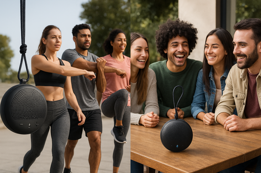Boss donne moi une image réelle d'une petite enceinte Bluetooth en forme  ronde avec une corde pour accrocher couleur noir ou les gens utilisent cela pour effectuer un sport ou cela est sur une table tout seul autour de laquelle il a des gens qui écoute la musique