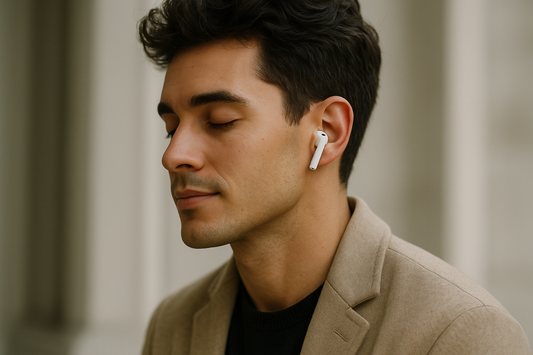 Boss peux-tu me donner une image réelle d'airpod couleur blanche stylé ou on verra une femme ou un homme en image réelle qui met cela dans son oreille entrain d'écouter la musique