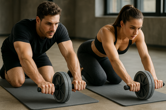 boss peux-tu me donner une image réelle portant sur la roue abdominale de couleur gris en montrant un homme et une femme entrain d'utiliser la roue abdominale sur un tapis 