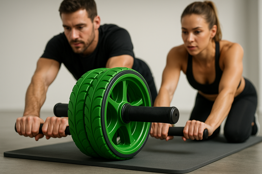 boss peux-tu me donner une image réelle portant sur la roue ronde abdominale couleur verte bien robuste stylé avec des anneaux un peu stylé de couleur gris en montrant un homme et une femme entrain d'utiliser la roue abdominale sur un tapis 